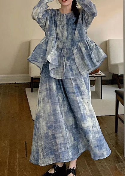 Blue O Neck Top and Spaghetti Strap Dress Cotton Two-piece Set Spring
