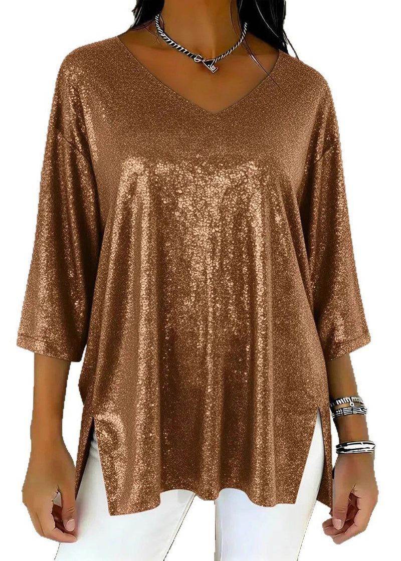 French Blue V Neck Side Open Polyester Blouse Tops Spring