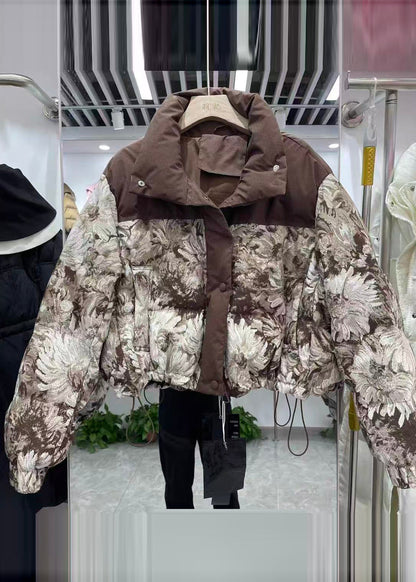 Coffee Print Drawstring Duck Down Puffers Coats Winter