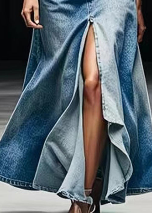 Blue Pockets Side Open Denim Maxi Skirts Summer
