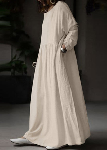 Loose White O Neck Cotton Maxi Dress Long Sleeve