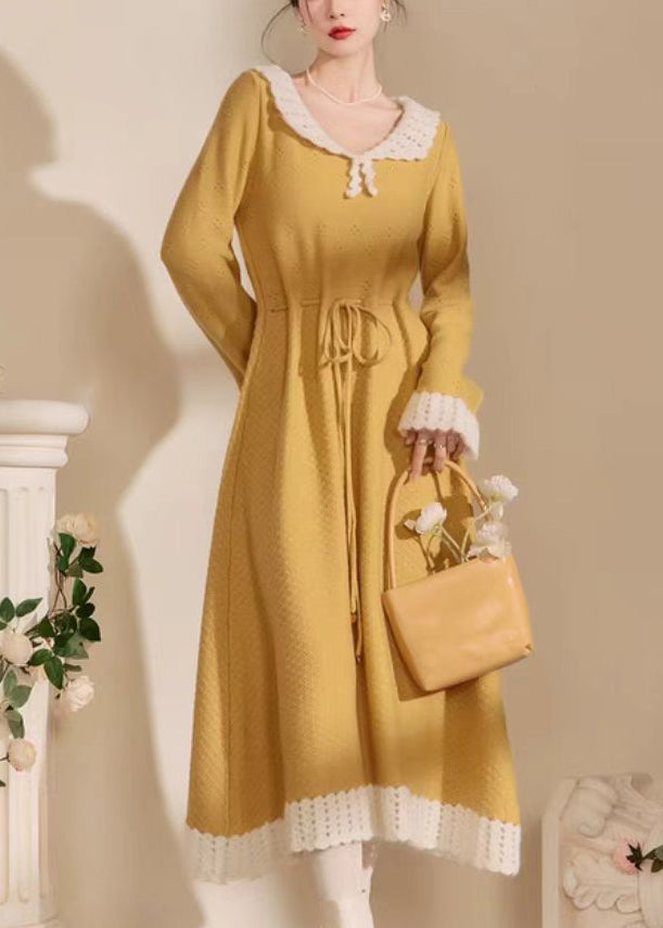 Yellow Peter Pan Collar Tie Waist Hollow Out Long Dress Fall