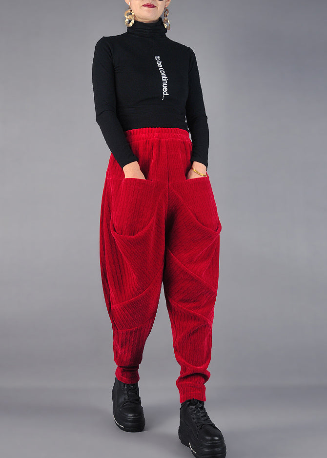 Diy Red Wrinkled Pockets Velvet Harem Pants Spring