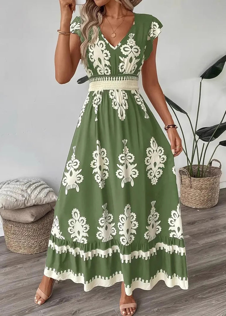 Navy V Neck Print Cotton Vacation Dress Summer