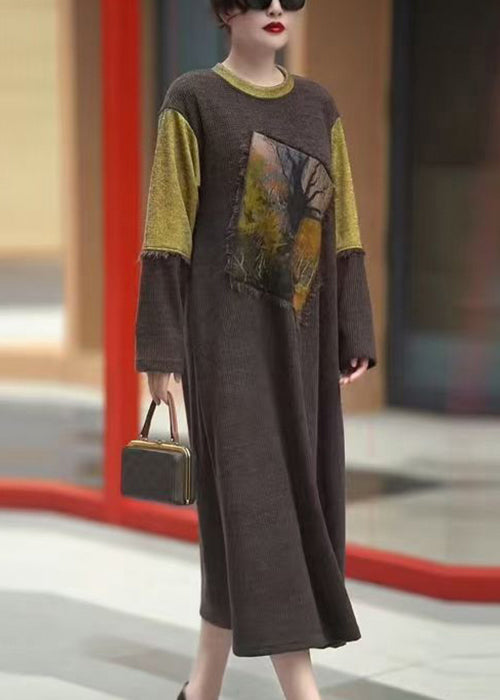 Coffee O-neck Patchwork Knit Dress Winter