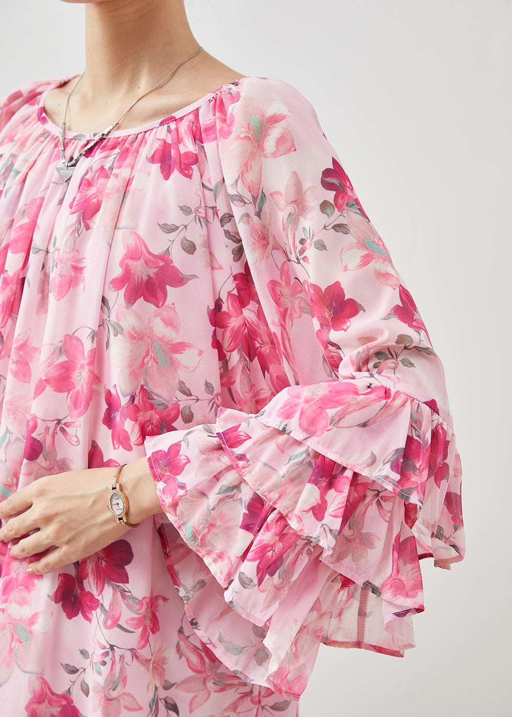 Diy Pink Oversized Print Chiffon Top Flare Sleeve