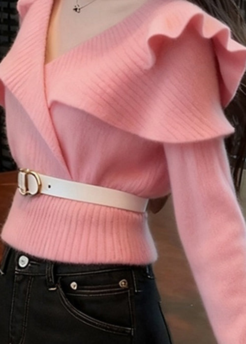 Art Pink V Neck Ruffled Knit Sweater Spring