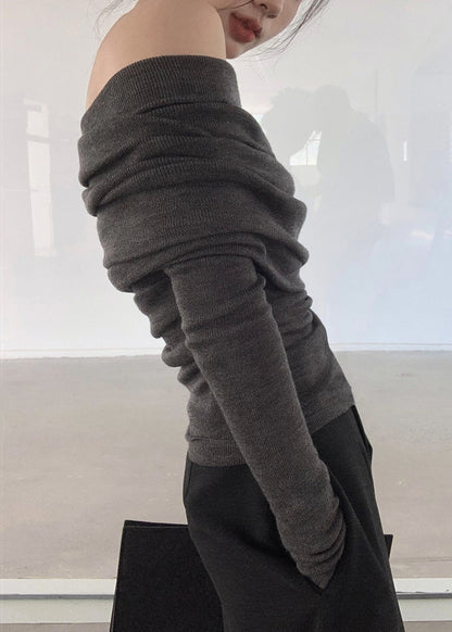 Grey Slash Neck Wrinkled Knit Top Spring