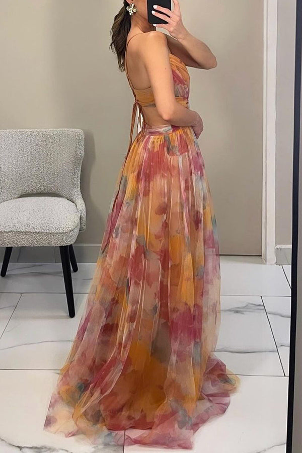 Giselle Tulle Render Print Cutout Waist Back Lace-up Maxi Dress