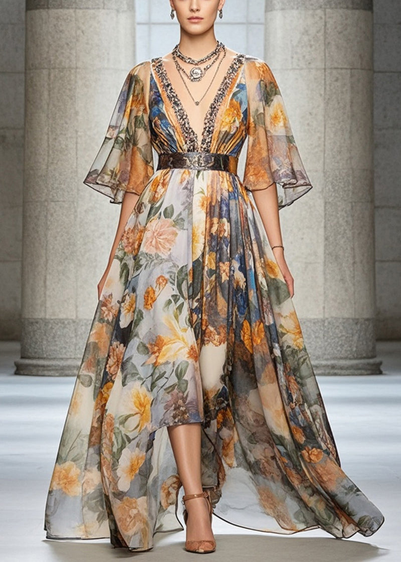 Black Print Chiffon Beach Dress Deep-v Neck Cinched Summer