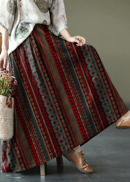 Brown Flower Ramie Elastic Waist Skirt