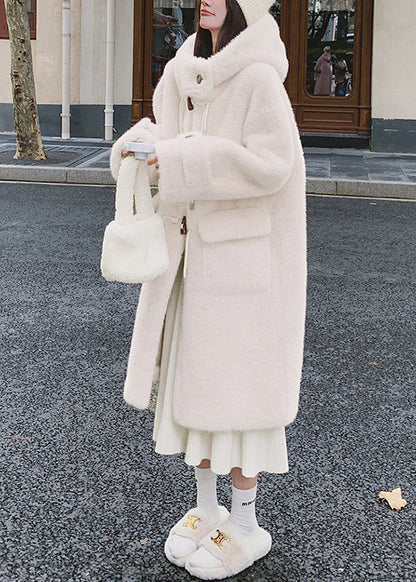 White Hooded Pockets Mink Velvet Coats Spring