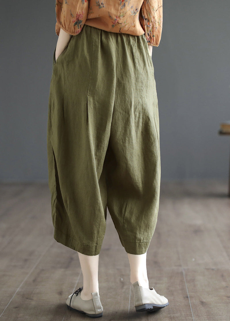 Army Green Pockets Elastic Waist Cozy Linen Wide Leg Pants Summer