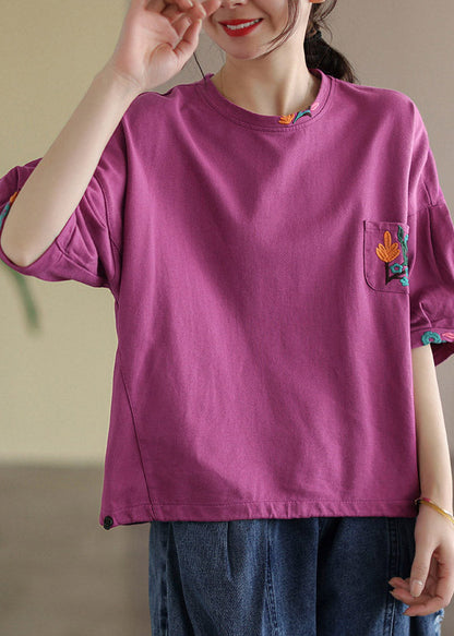 Rose Purple O-neck Pockets T Shirt Half Sleeve