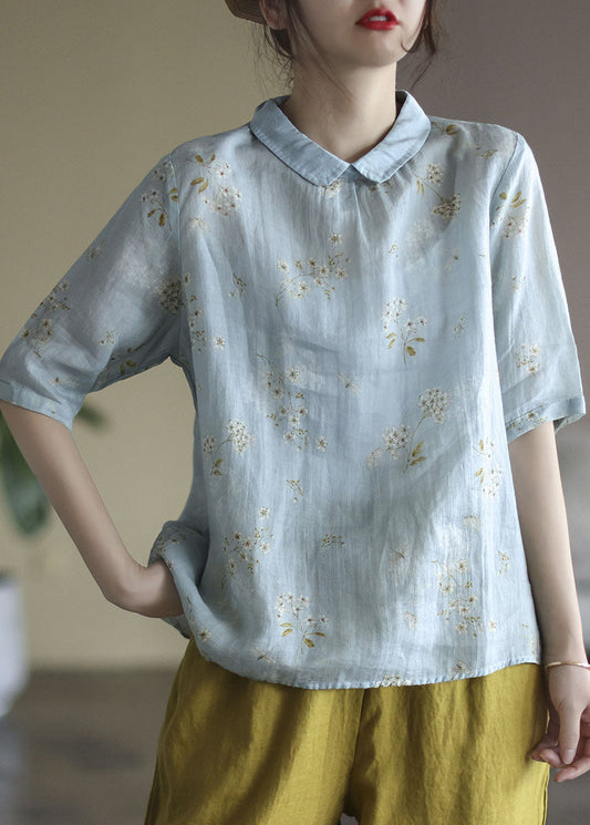 Light Blue Peter Pan Collar Print Linen Shirt Tops Half Sleeve
