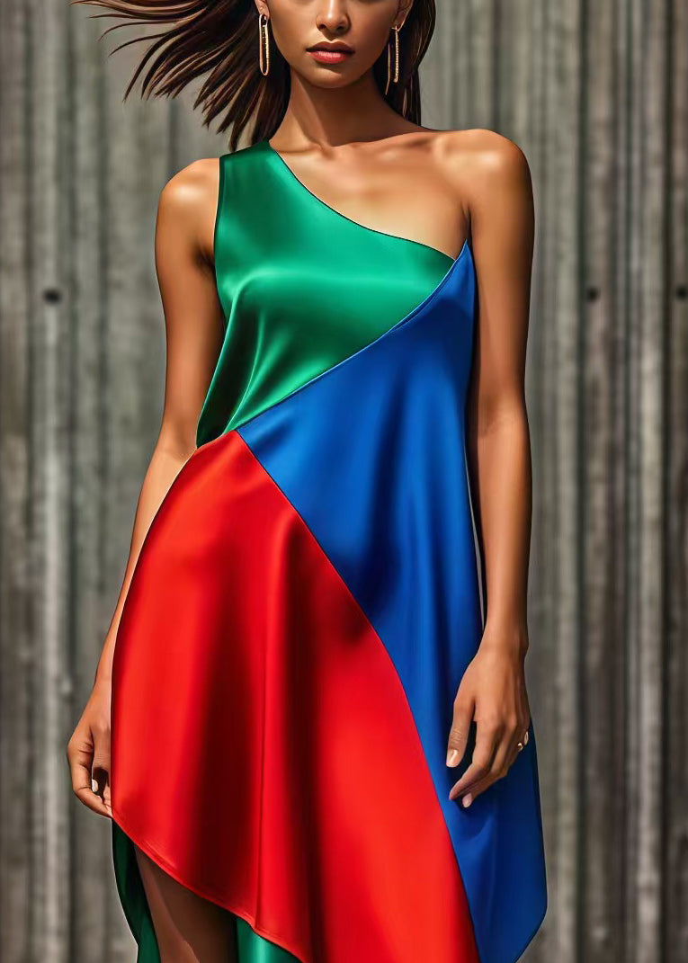 Colorblock One Shoulder Asymmetrical Patchwork Silk Holiday Dress Summer