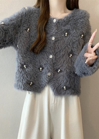 Grey O Neck Nail Bead Mink Hair Knitted Coat Fall