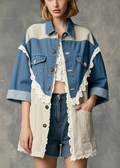 Modern Colorblock Oversized Lace Patchwork Denim Coat Half Sleeve
