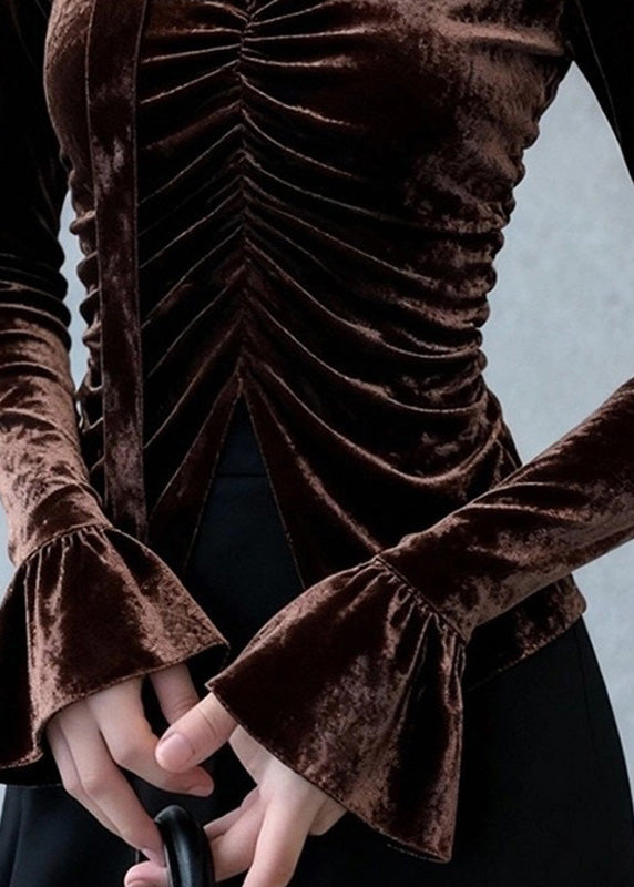 Coffee V Neck Wrinkled Silk Velour Top Flare Sleeve