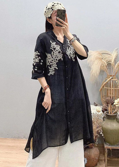 Orange Embroidered Linen Long Shirt Asymmetrical Design Three Quarter Sleeve
