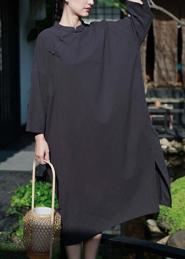 Retro Pink Stand Collar Oriental Button Cotton Dress Spring