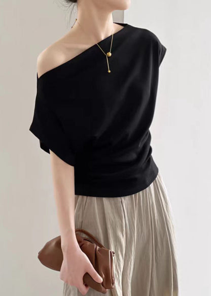 Black Slash Neck Cotton T Shirt Summer