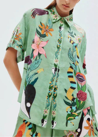 Green Print Elastic Waist Shirts and Shorts Linen Two Piece Set Summer