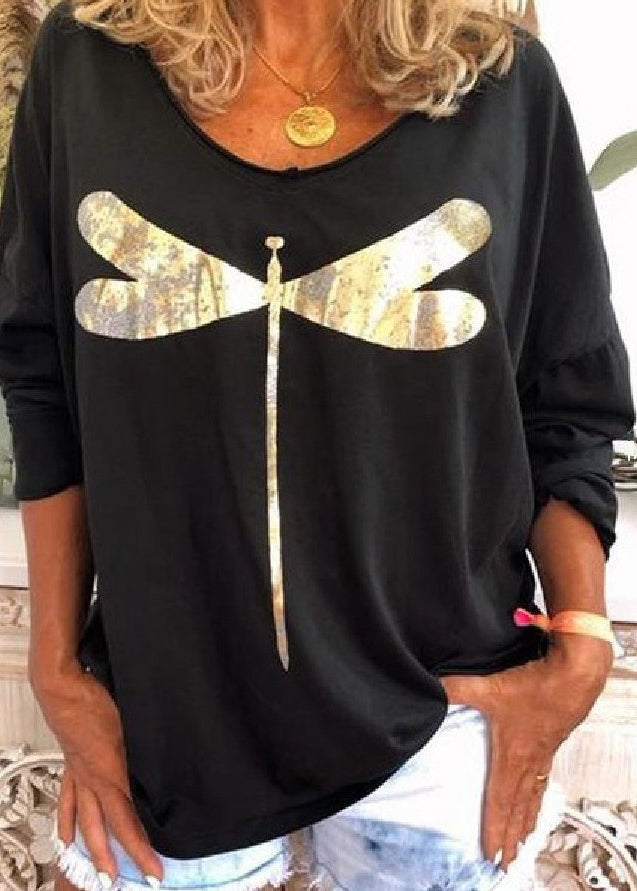 Black O Neck Print Cotton Sweatshirts Long Sleeve