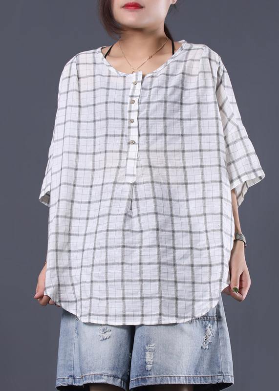 White Plaid Linen Tunic Cotton O Neck Summer Shirt