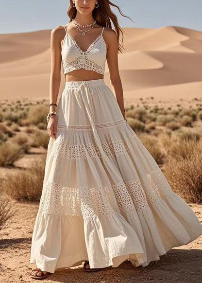 Modern White Hollow Out Patchwork Cotton a Line Skirts Spring
