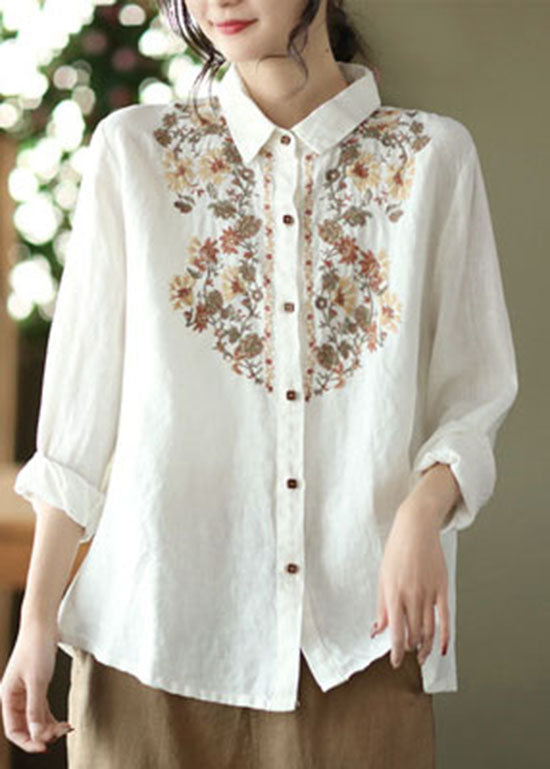 Orange Button Peter Pan Collar Embroidered Linen Blouses Spring