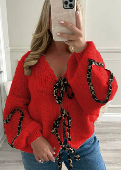 Stylish Khaki V Neck Lace Up Knit Cardigans Spring