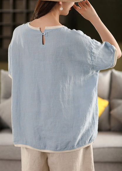 Watermelon Red Button Patchwork Linen Summer T Shirt O Neck