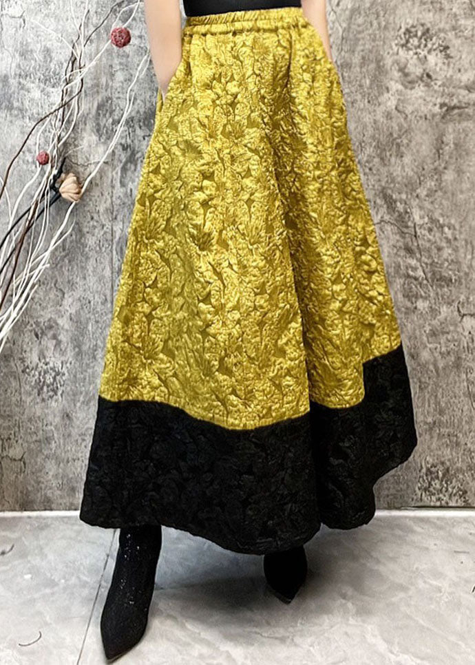 Yellow Pockets Jacquard Patchwork Silk Wide Leg Pants Spring