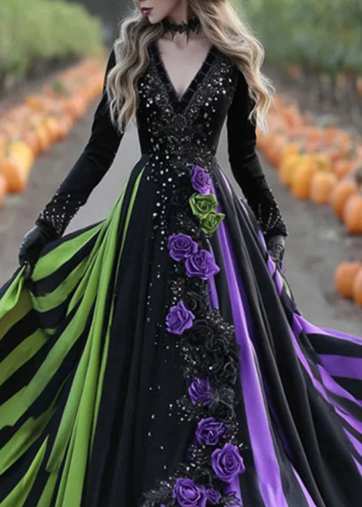 V Neck Striped Print Cotton Long Dress Fall