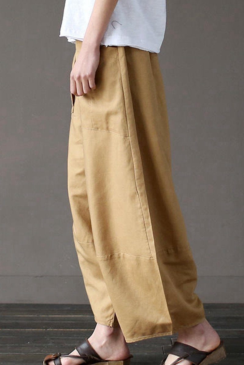 Khaki Loose Cotton Linen Ankle Length Pants Outfits