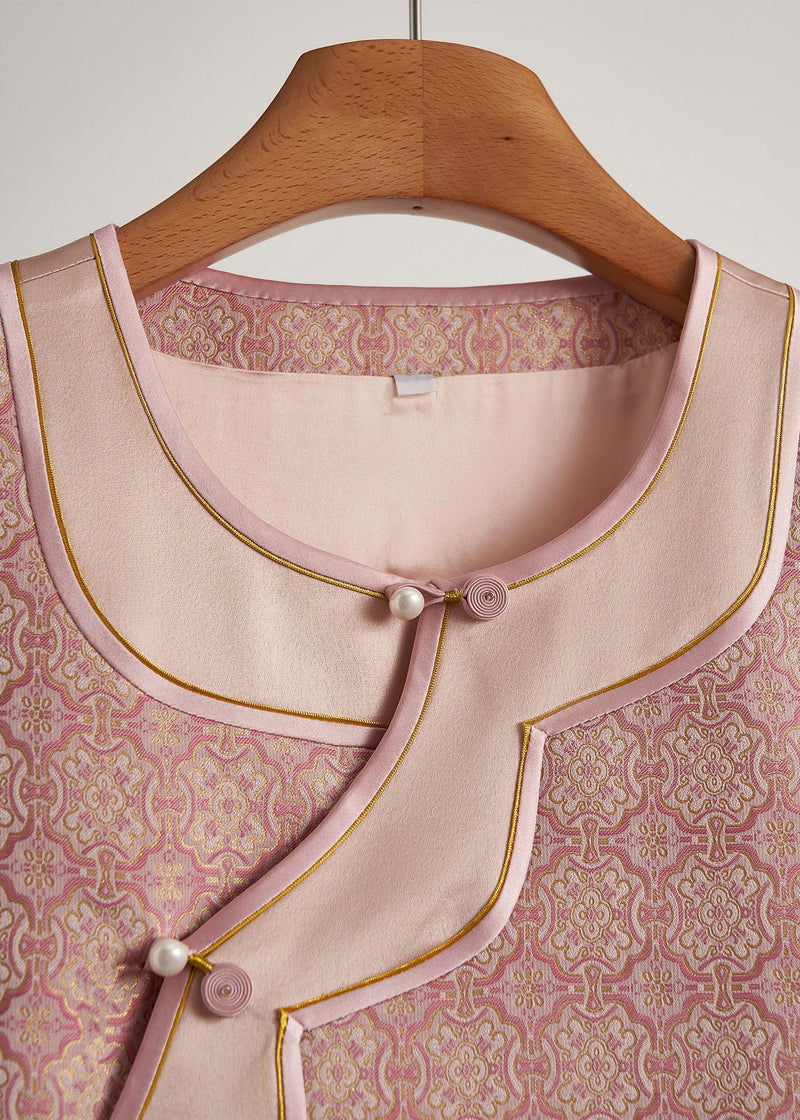 Pink Jacquard Patchwork Silk Oriental Vests Fall