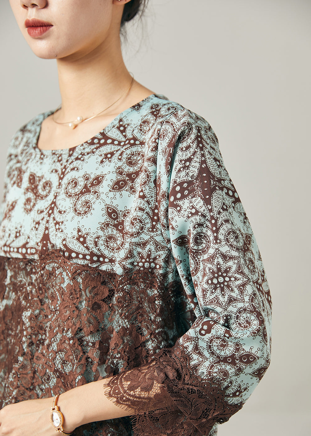 Blue Print Patchwork Lace Chiffon Short Dress Summer