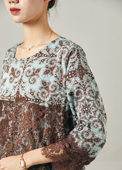 Blue Print Patchwork Lace Chiffon Short Dress Summer