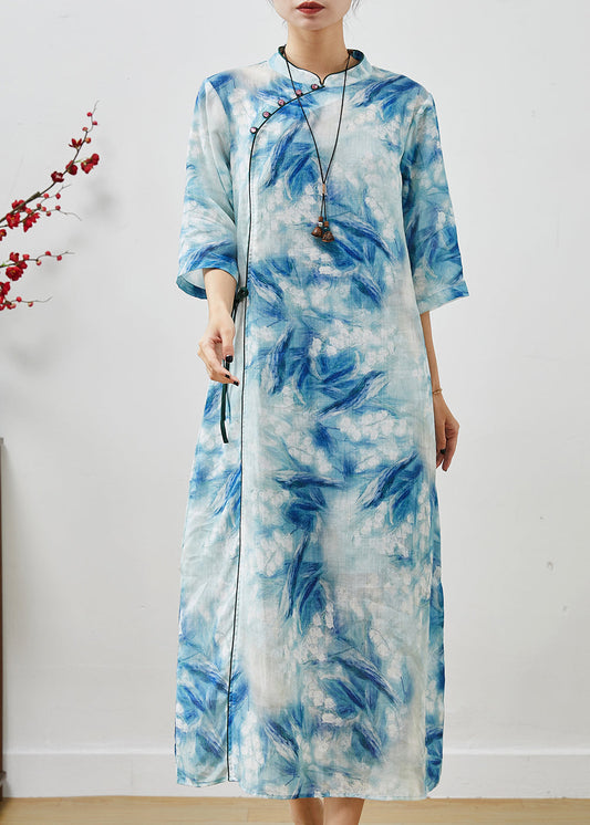Blue Print Lace Up Linen Cheongsam Dresses Summer