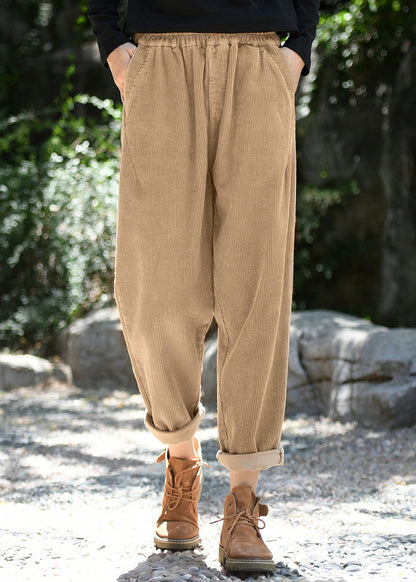 Beige Pockets Elastic Waist Corduroy Pants Spring