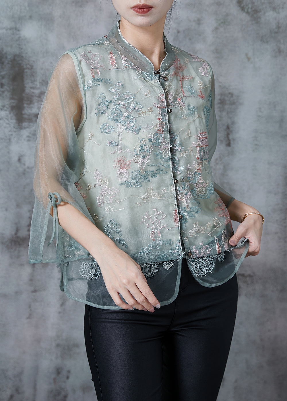 Green Mandarin Collar Embroidered Tulle Shirt Tops Summer