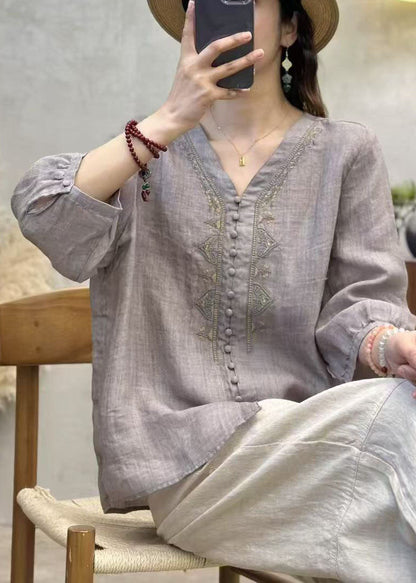 Grey V Neck Embroidered Linen Shirts Bracelet Sleeve