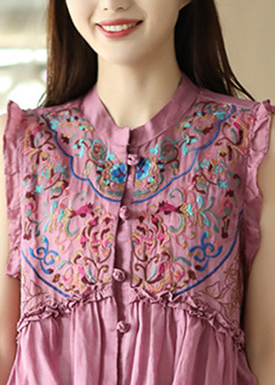 Art Pink Embroidered Ramie Shirts Sleeveless