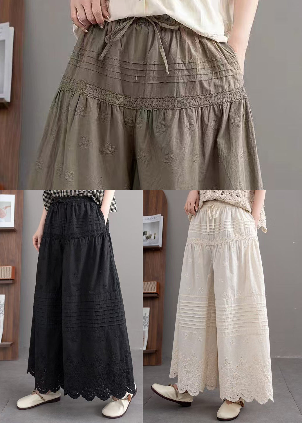 Beige Embroidered Wrinkled Cotton Pants Summer