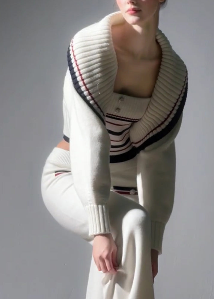 Novelty White Striped Patchwork Cotton Knit Cardigans, Top and Straight Pantstwo Pieces Sets Fall