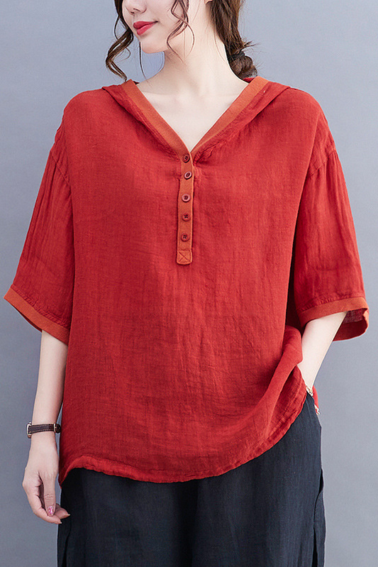 Summer Hooded Short Sleeve T-shirt Loose Cotton Linen Tops