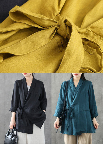 Yellow Linen Coats Notched Collar Tie Waist Long Sleeve