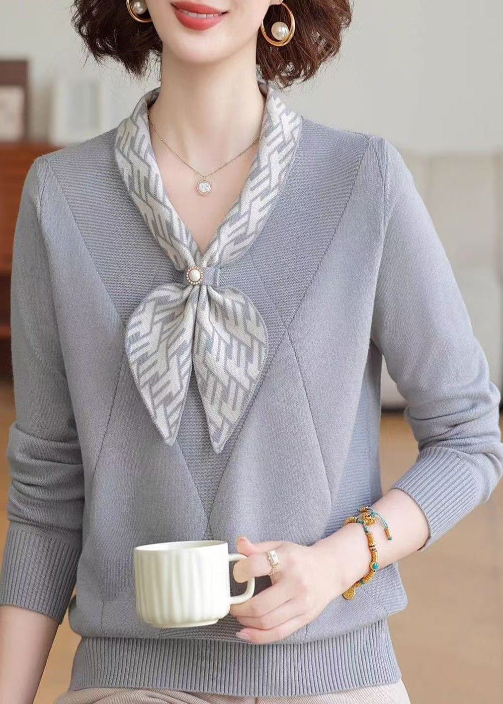 Grey V Neck Striped Knitted Tops Winter