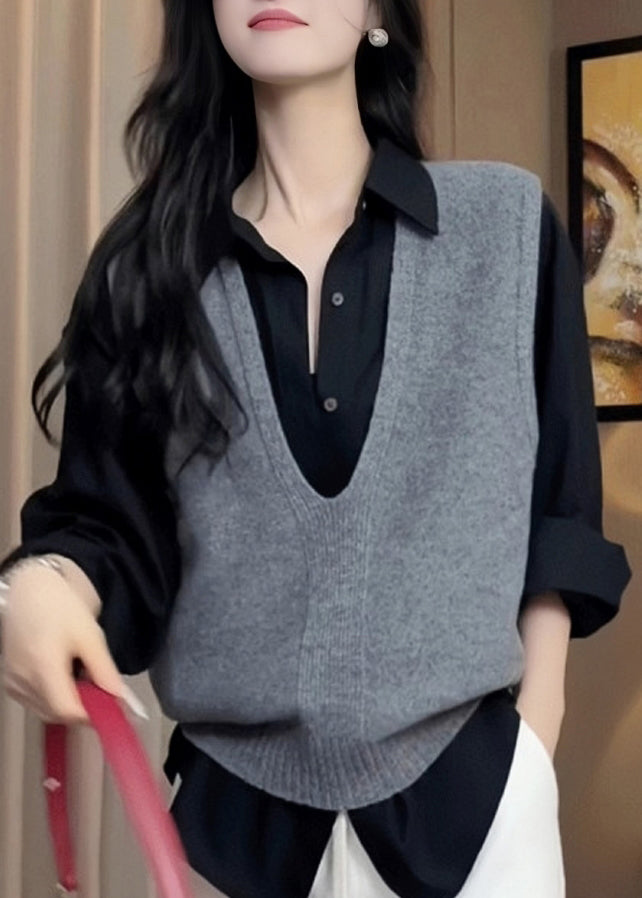 Grey V Neck Cozy Warm Knit Vest Tops Sleeveless